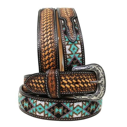 Challenger Western Handmade Beaded Basket Weave Tooled Leather Belt