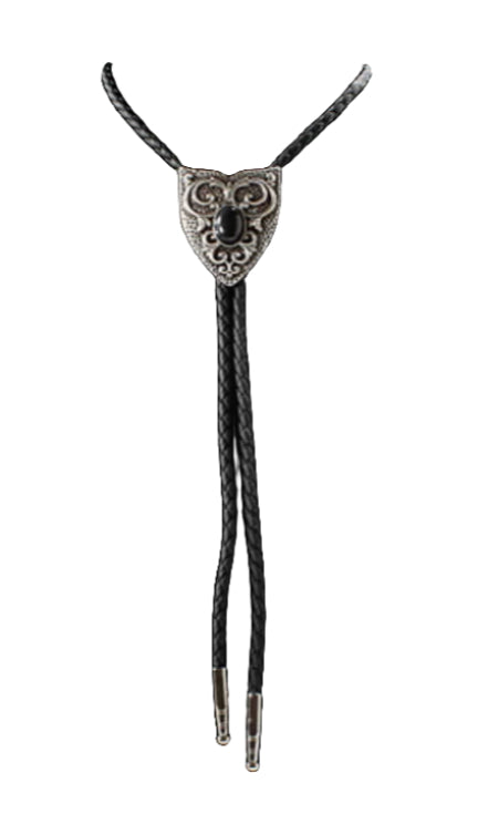 Double S Bolo Tie with Arrowhead Concho with Black Stone