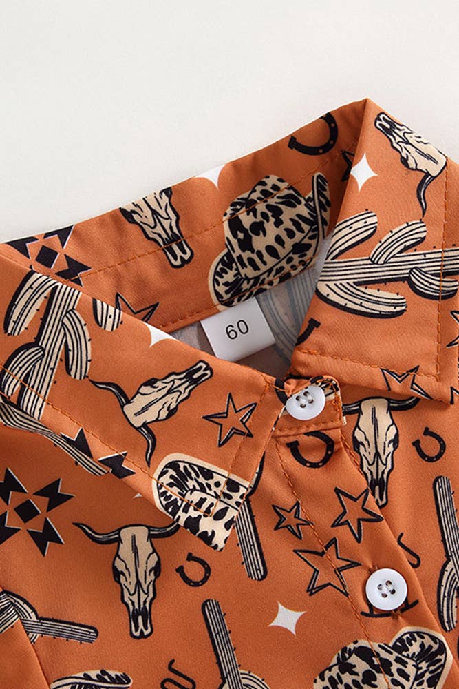 UNISHE - Western Style Cactus Print Button Up Shirt Romper Brown