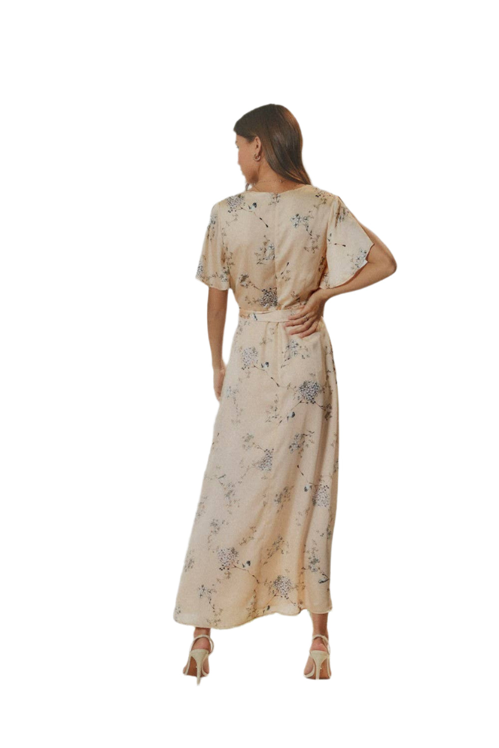 Endless Blu Floral Printed Satin Wrap Maxi Dress -  Blush