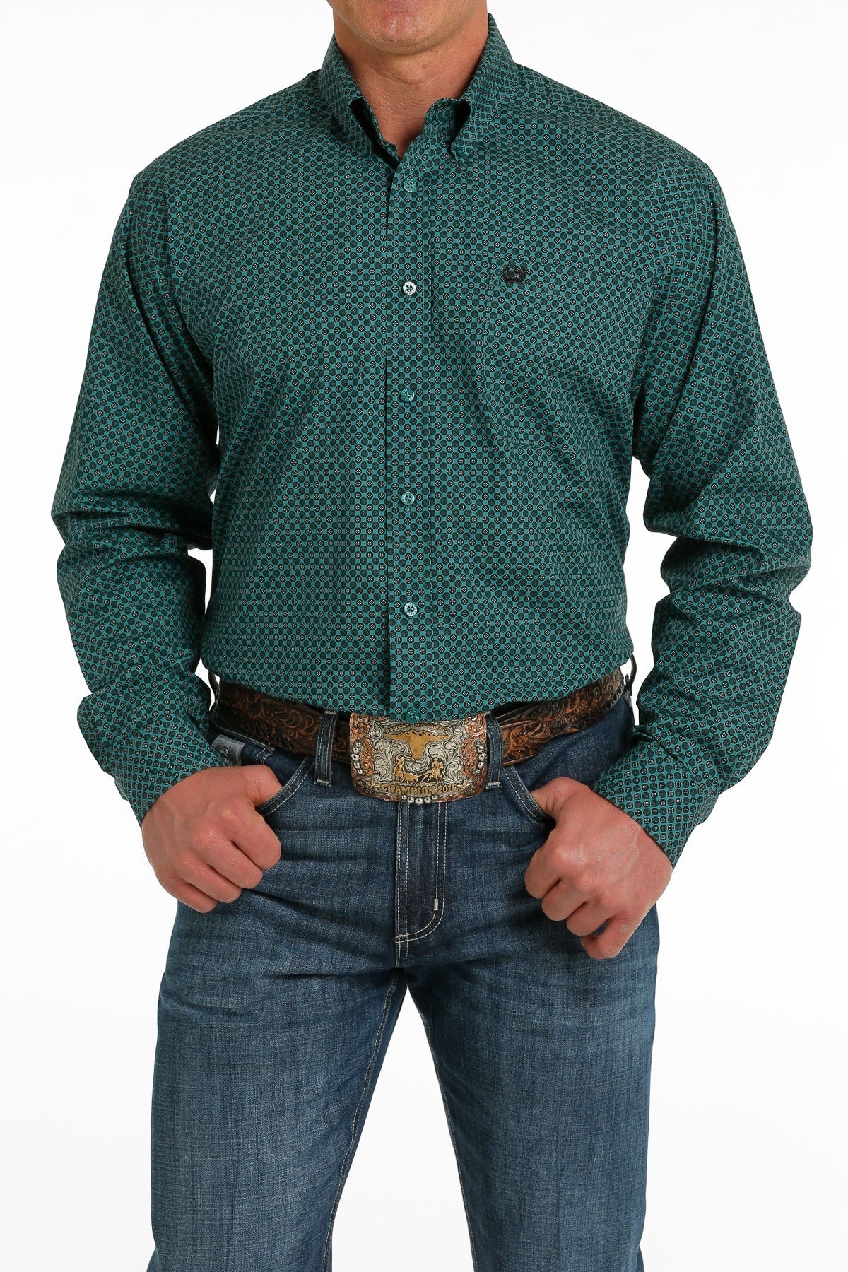 Cinch Men's Long Sleeve Shirt - Geometric Print Teal & Black