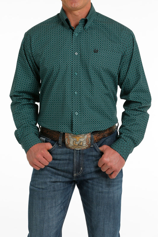 Cinch Men's Long Sleeve Shirt - Geometric Print Teal & Black