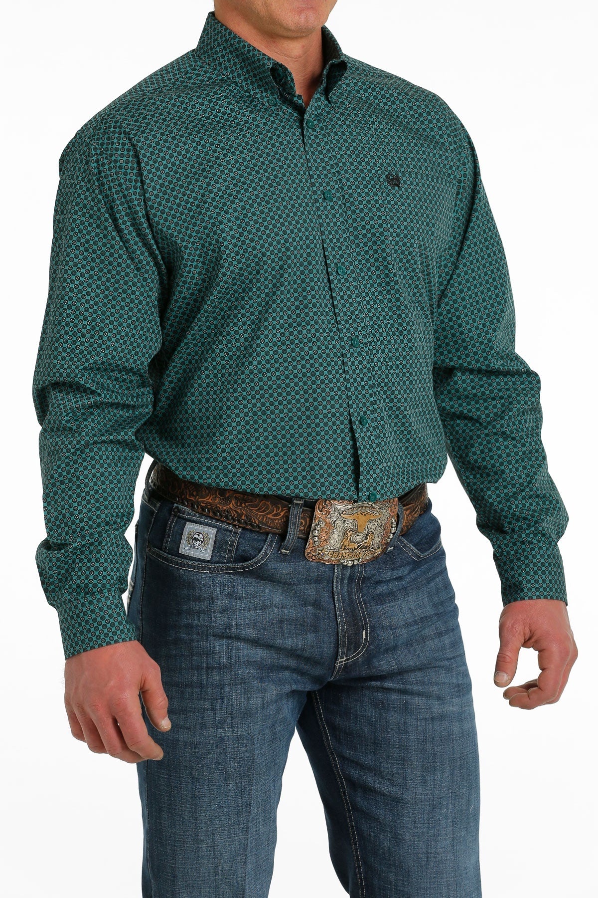 Cinch Men's Long Sleeve Shirt - Geometric Print Teal & Black