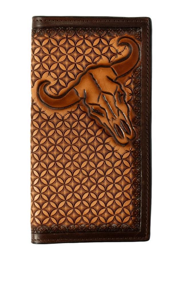 3D Western Wallet Rodeo Cow Skull Stained Edge Brown