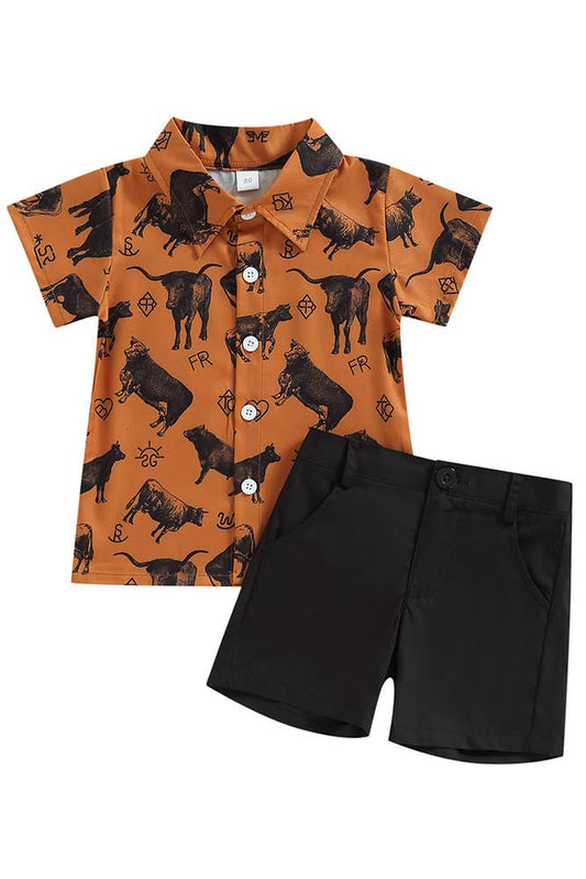 UNISHE - Western Print Boy Button Blouse With Black Short 2pcs Set