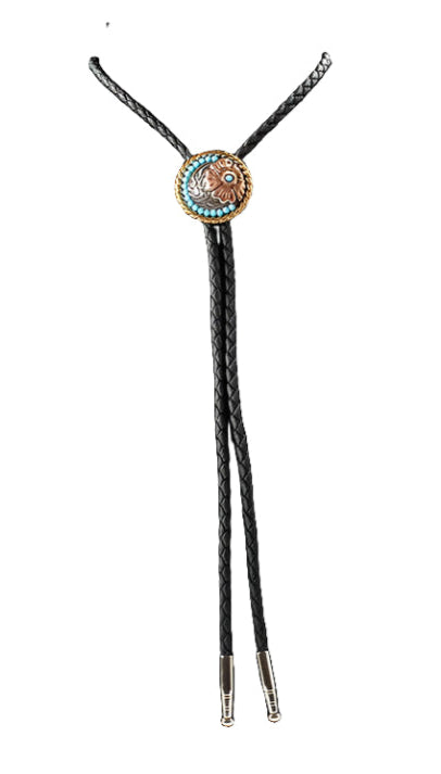 Double S Round Concho with a Raised Brass Flower Bolo Tie