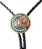 Double S Round Concho with a Raised Brass Flower Bolo Tie