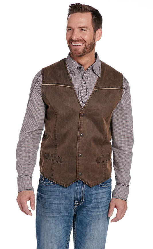 Cripple Creek Men's Enzyme Washed Cotton Snap Front Vest with Cord Piping Accent - Chocolate