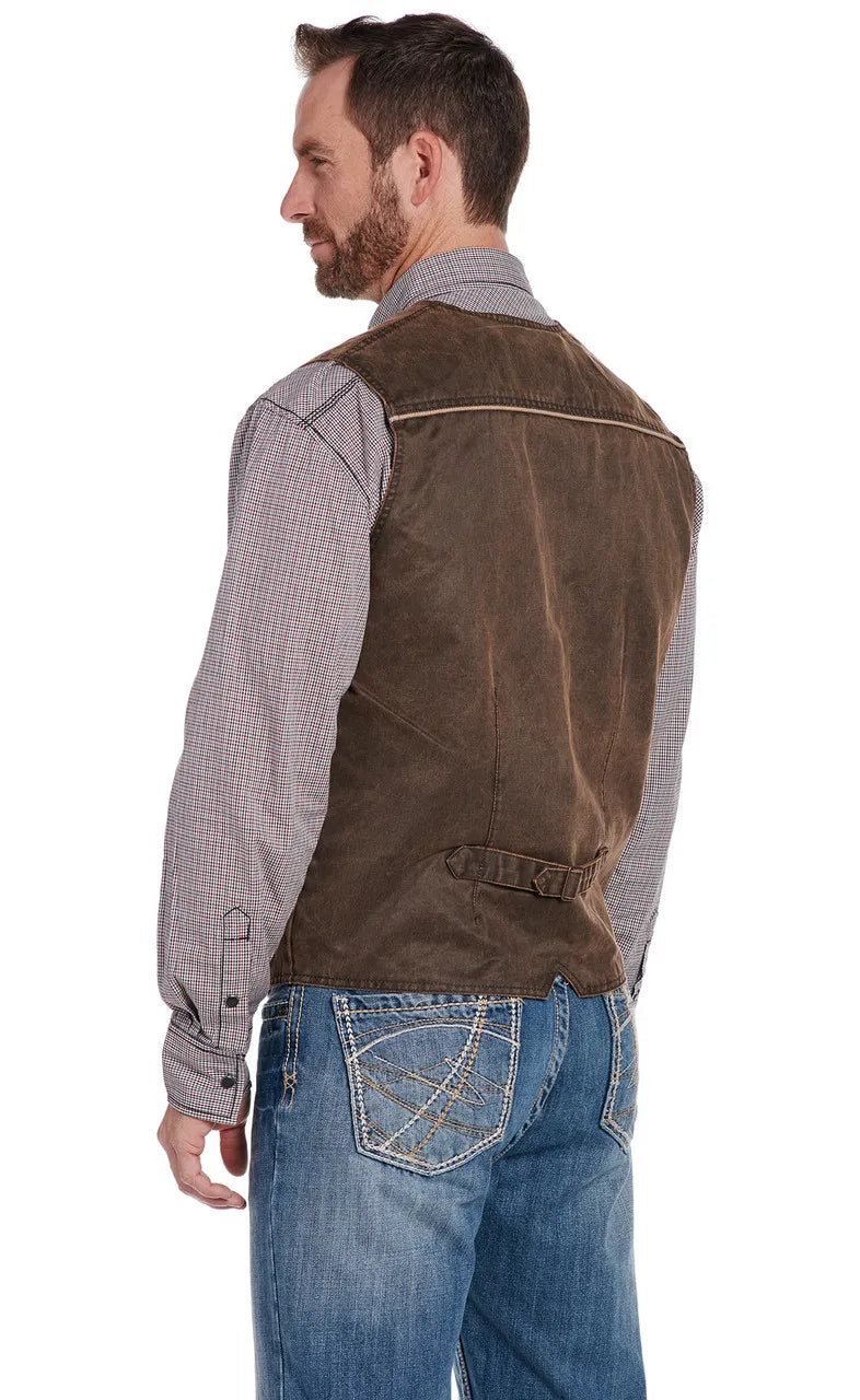 Cripple Creek Men's Enzyme Washed Cotton Snap Front Vest with Cord Piping Accent - Chocolate