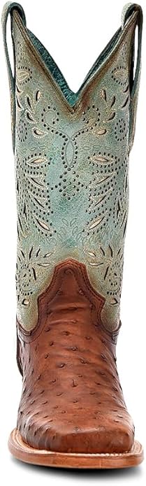 Corral Boots Women's Cognac, Aqua & Silver Ostrich with Embroidery & Inlay