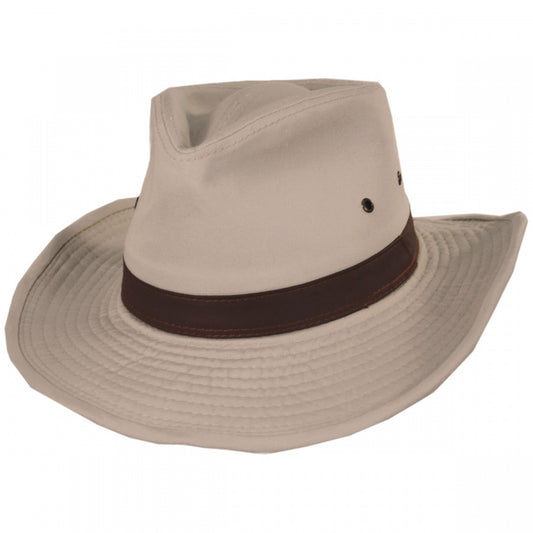 Dorfman Pacific Cotton Twill Outback Fedora Hat in Khaki