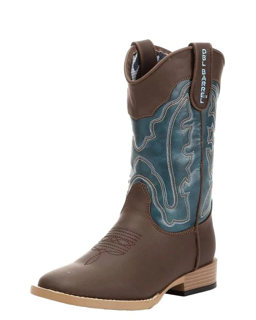 DBL Barrel Children's Open Range Brown Square Toe Boot with Teal Shaft