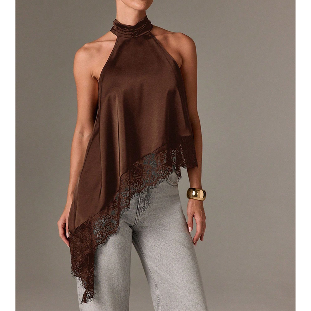 UNISHE - Sleeveless Satin Lace Trim Halter Cami Top Brown