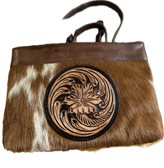 Western Fashion Handmade Oil Calf Brown Leather Floral Tooled Medallion Bag