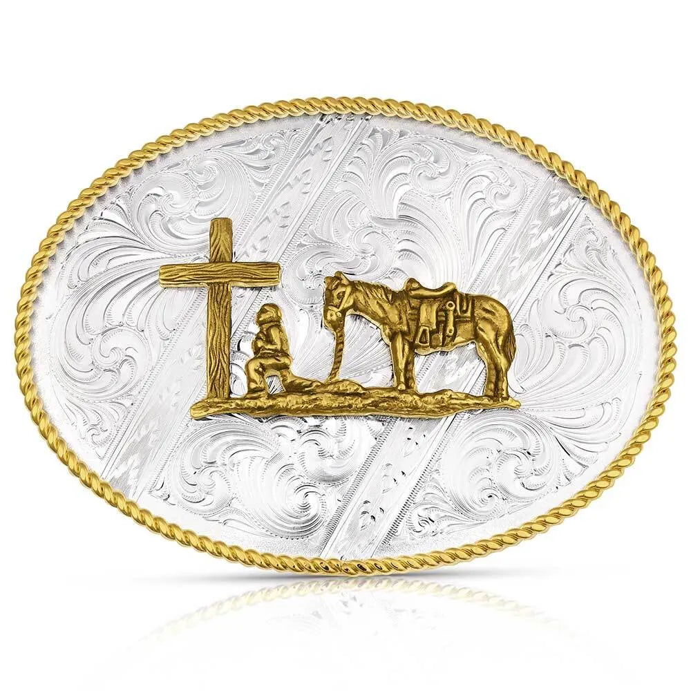 Montana Silversmiths Striking Engraved Belt Buckle with Christian Cowboy