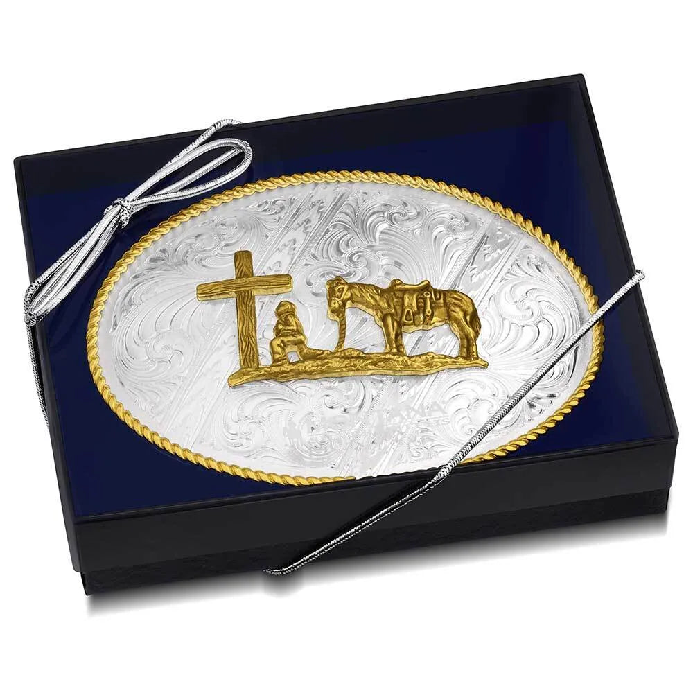 Montana Silversmiths Striking Engraved Belt Buckle with Christian Cowboy