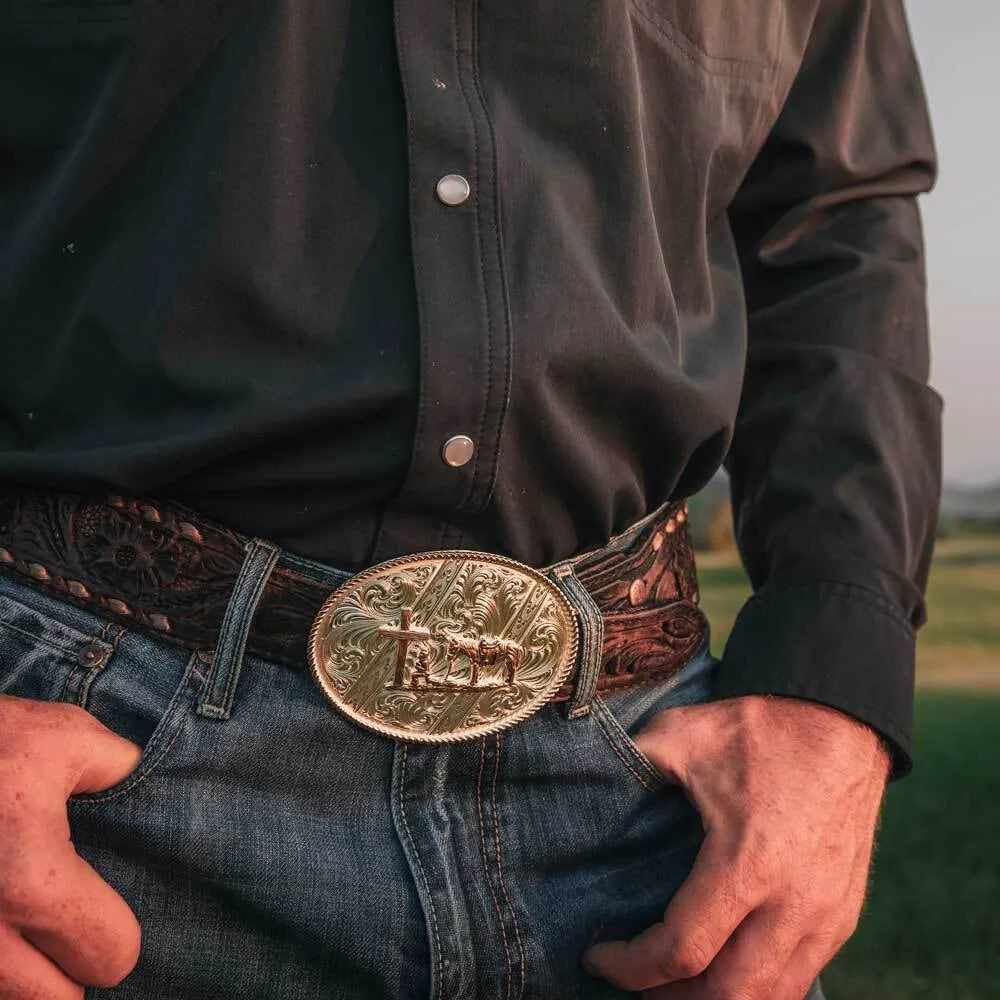 Montana Silversmiths Striking Engraved Belt Buckle with Christian Cowboy