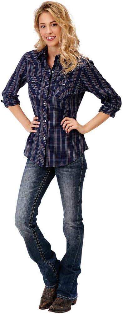 Roper Women's Long Sleeve Navy Plaid Snap Shirt