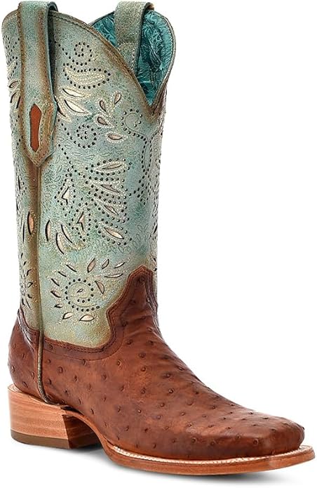 Corral Boots Women's Cognac, Aqua & Silver Ostrich with Embroidery & Inlay