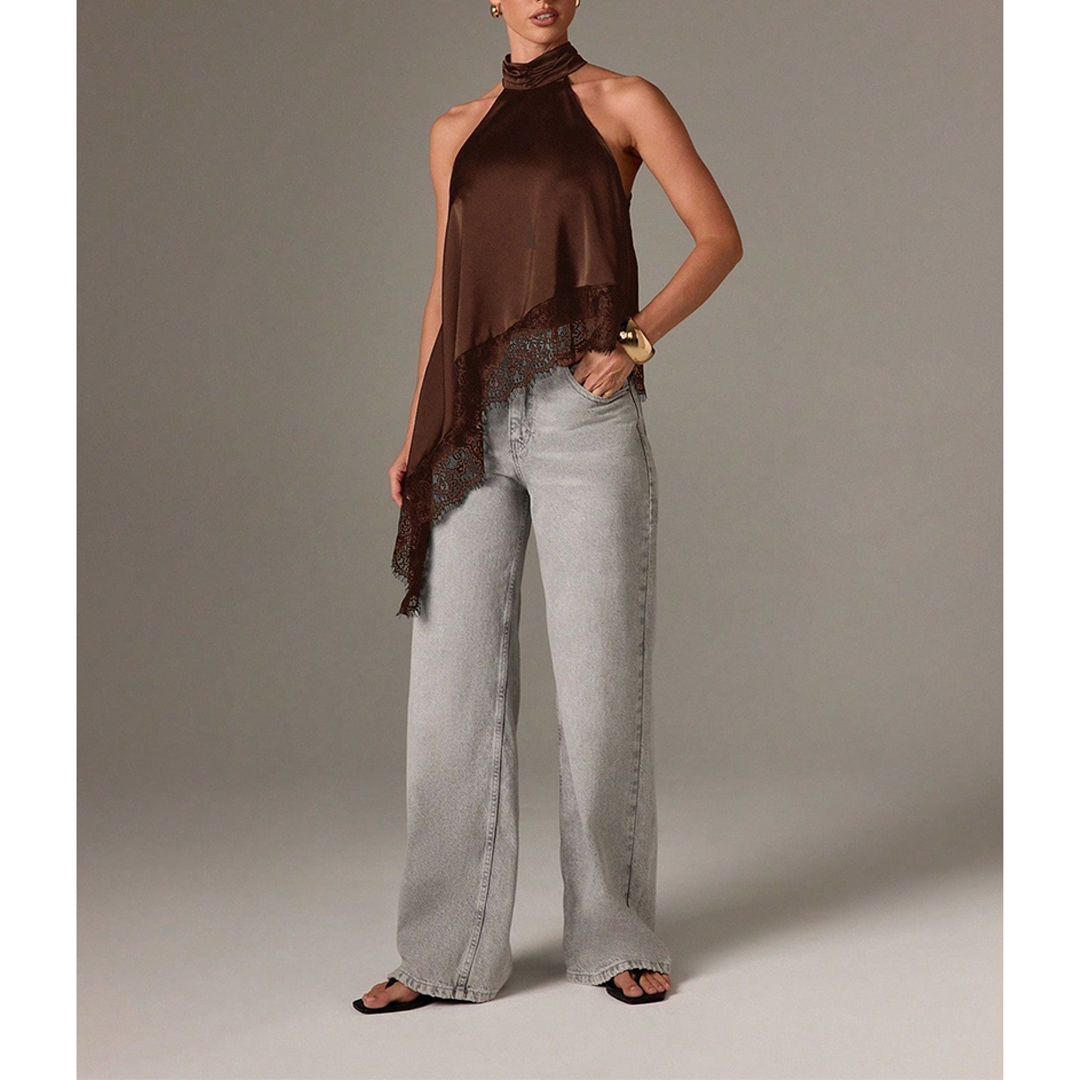 UNISHE - Sleeveless Satin Lace Trim Halter Cami Top Brown