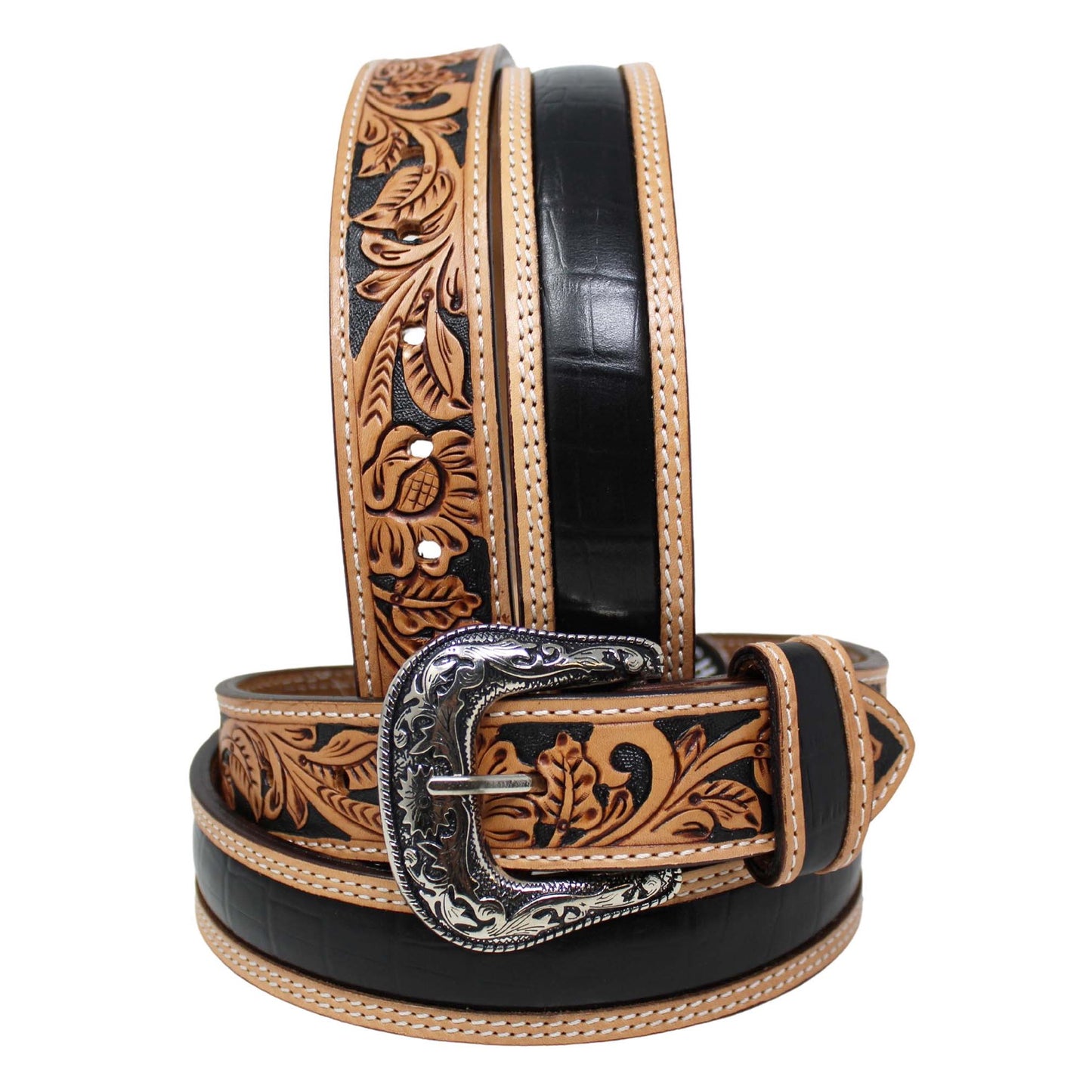 Challenger  Western 1-1/2" Tan Floral Tooled Black Gator Inlay Full-Grain Leather Belt