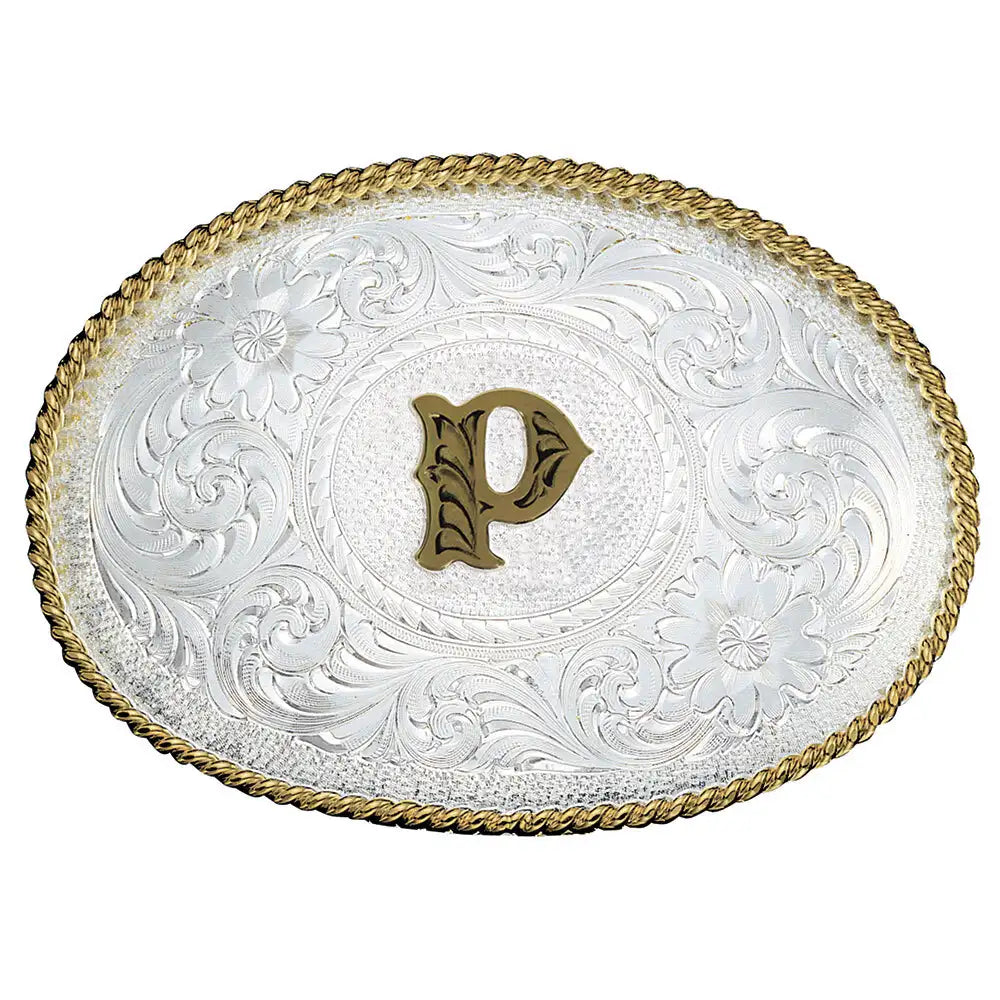 Montana Silversmith Initial Silver Engraved Gold Trim Western Belt Buckle