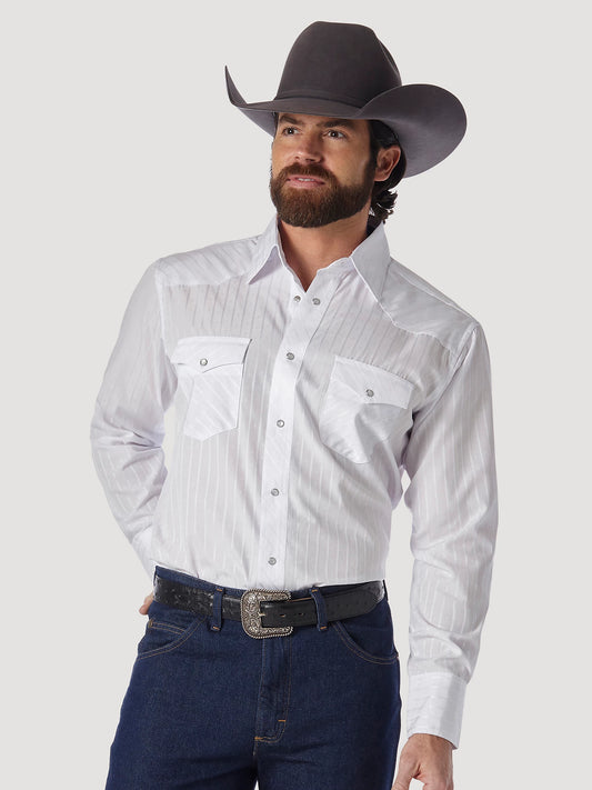 Wrangler Men's Long Sleeve Shirt - Western Snap Dobby Stripe Shirt in White