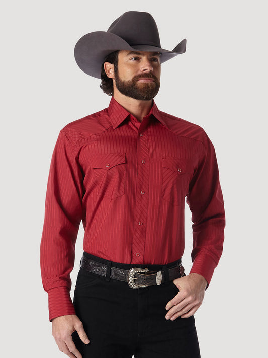 Wrangler Men's Long Sleeve Shirt - Western Snap Dobby Stripe Shirt in Wine