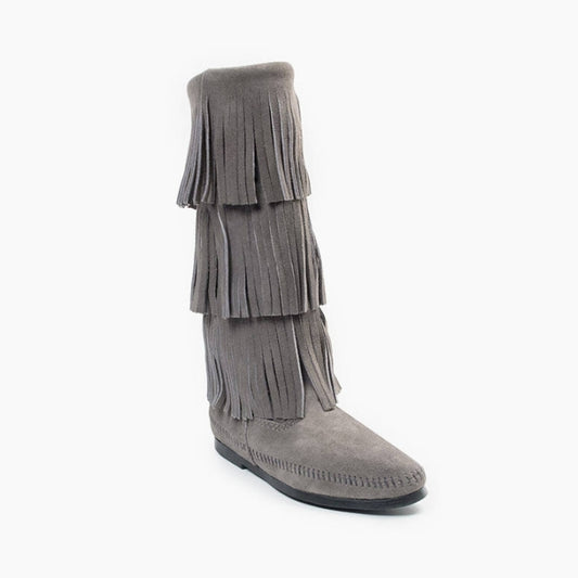 Minnetonka Women's 3 Layer Fringe Grey Boots