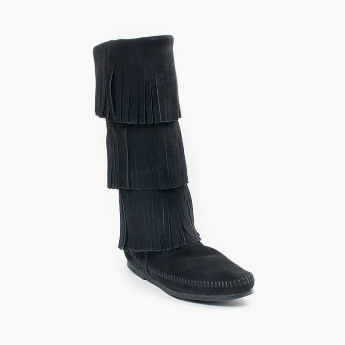 Minnetonka Women's 3 Layer Fringe Black Boots