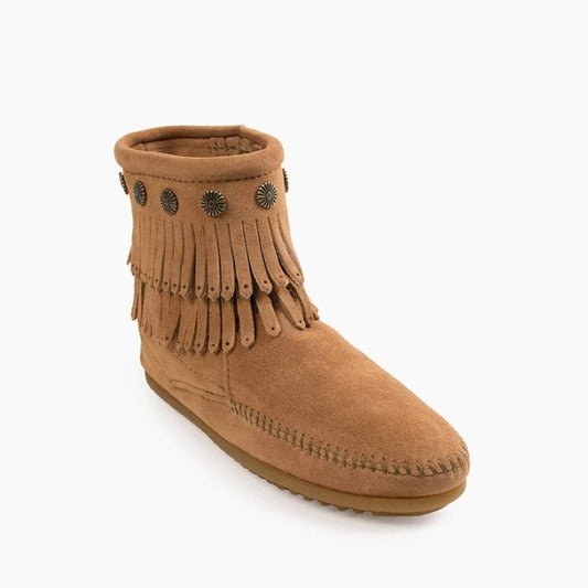 Minnetonka Women's Double Fringe Side Zip Taupe Booties