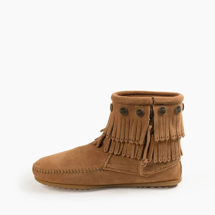 Minnetonka Women's Double Fringe Side Zip Taupe Booties