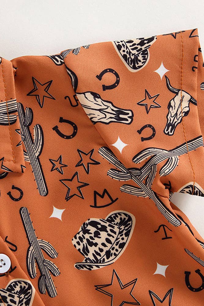 UNISHE - Western Style Cactus Print Button Up Shirt Romper Brown