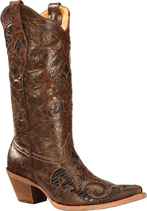 Corral Women's Chocolate Lizard Inlay Snip Toe  Boots