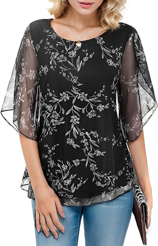 Teeple Women's Dressy 3/4 Length Sleeve Casual Chiffon Blouse