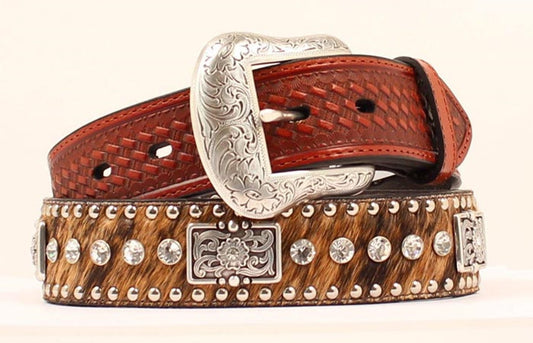 Nocona Brown Calf Hair Belt with Crystal Stones & Bars