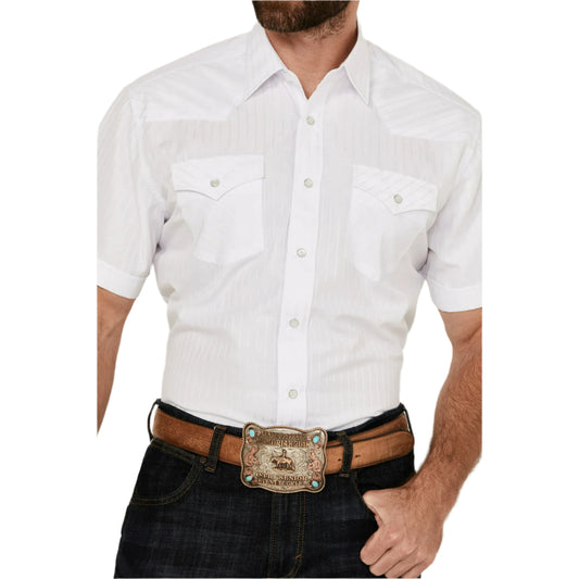 Rodeo Clothing Men's Short Sleeve Shirt - White Tonal Satin Stripe