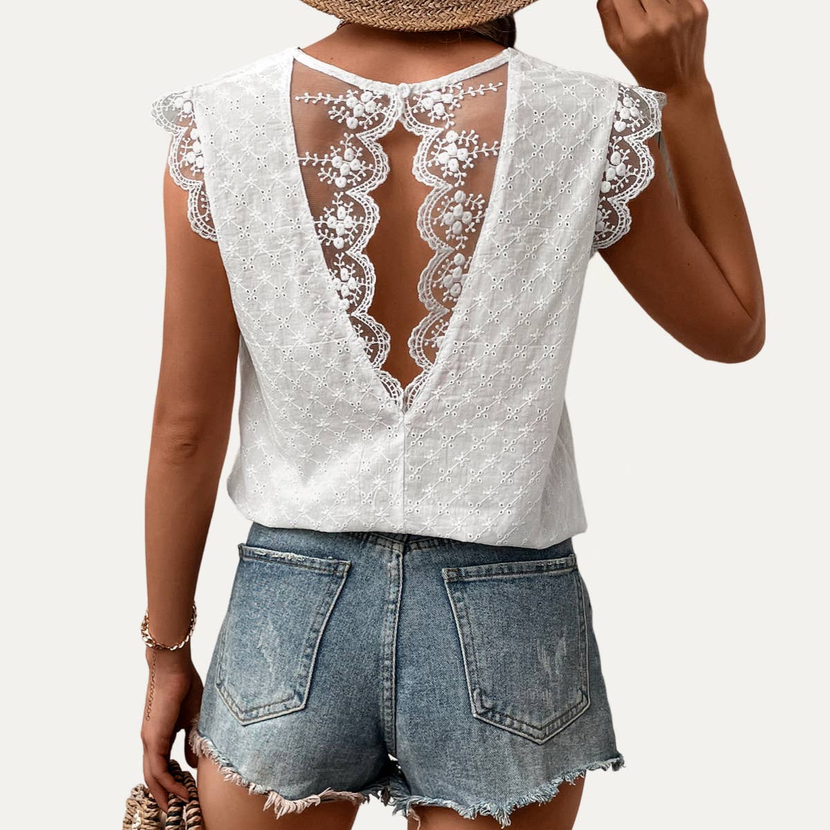 The Moment Collection - Delicate White Pointelle Open-Back V-Neck Lace Top White