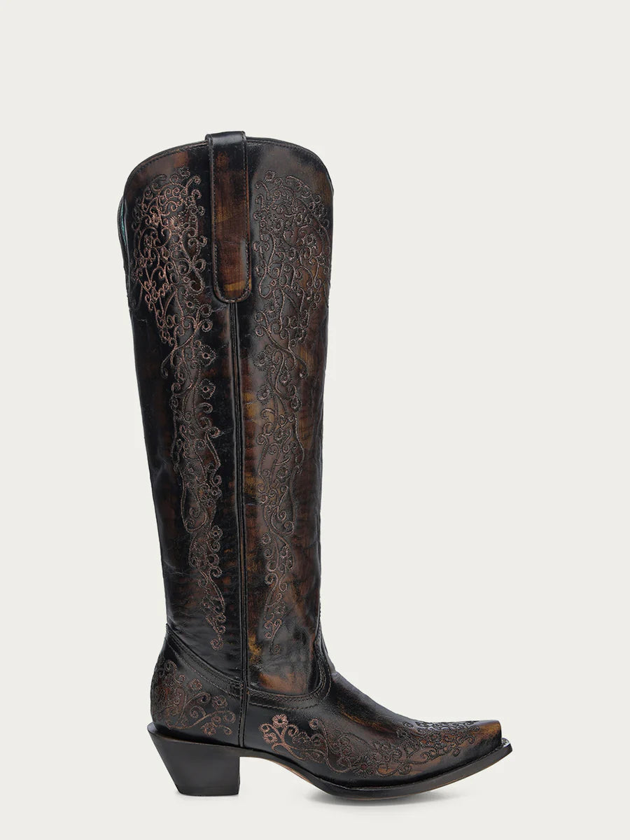 Corral Boots Women's Floral Embroidery Black and Honey Snip Toe Tall Top Boots