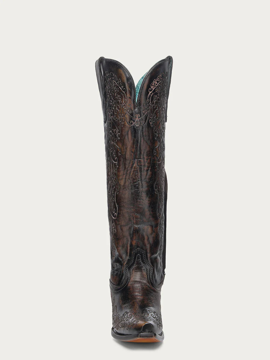 Corral Boots Women's Floral Embroidery Black and Honey Snip Toe Tall Top Boots