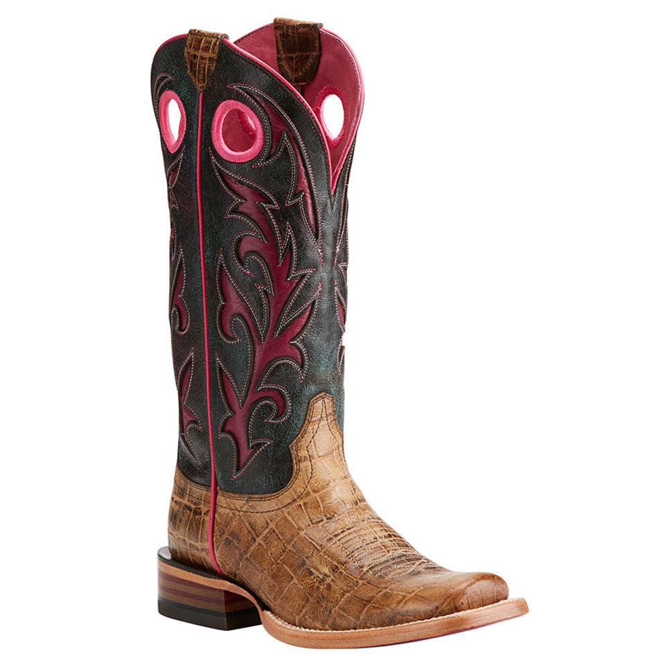 Ariat Women's Square Toe, ATS Pro, Chute Out Croc Print in Brown with Prink Trim