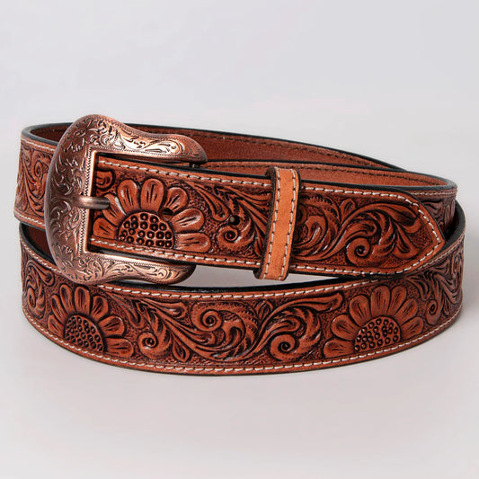 Bar H Equine Sunflower Floral Hand Carved Brown Leather Men And Women's Belt