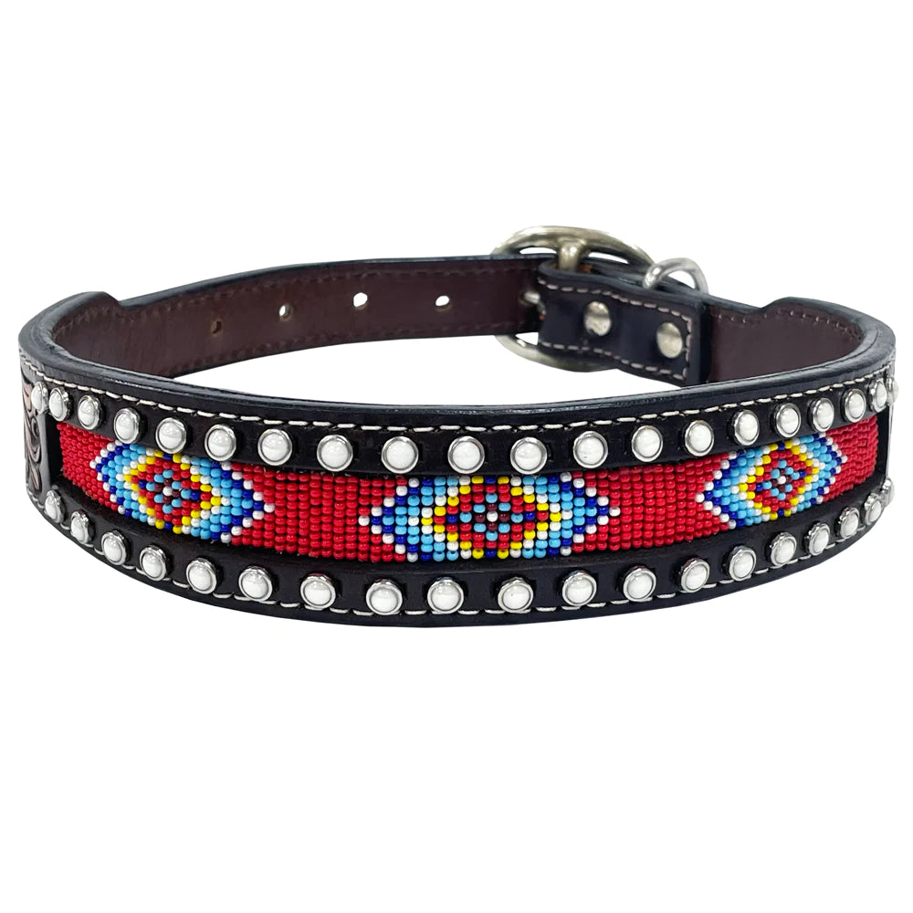 Bar H Equine Floral Justine Beaded Hand Tooled Western Leather Dog Collar Dark Brown