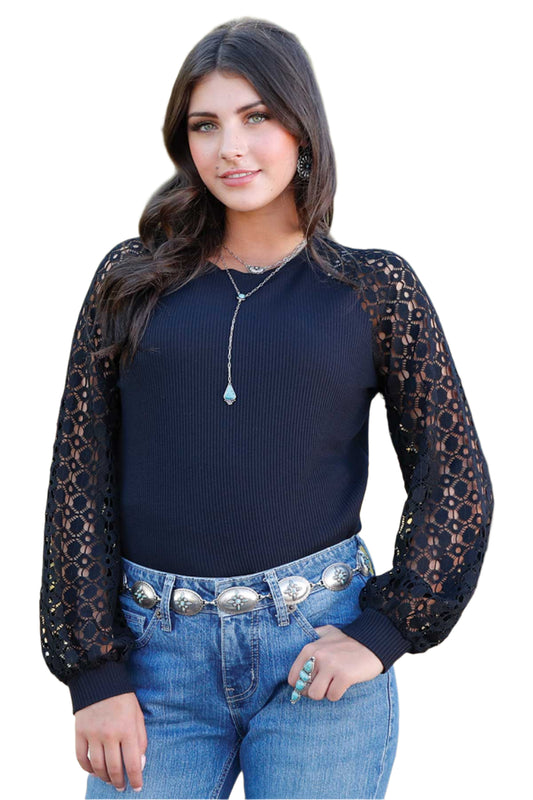 Cruel Denim Women's Raglan Crochet Long Sleeves Black Waffle Knit Blouse