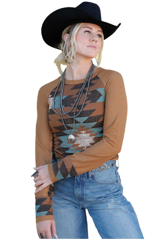 Cruel Denim Women's Long Sleeve Brown Waffle Knit Raglan Blouse