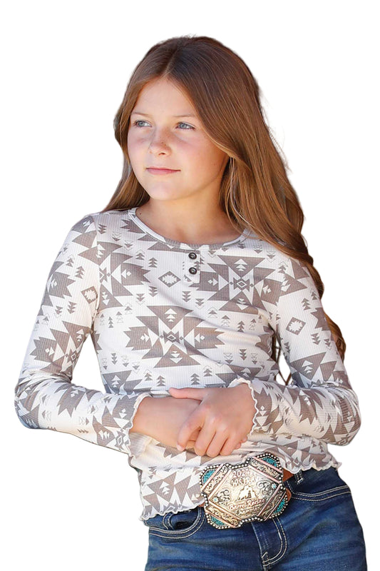 Cinch Girl's Long Sleeve Cream with Taupe Southwest Pattern Henley Shirt