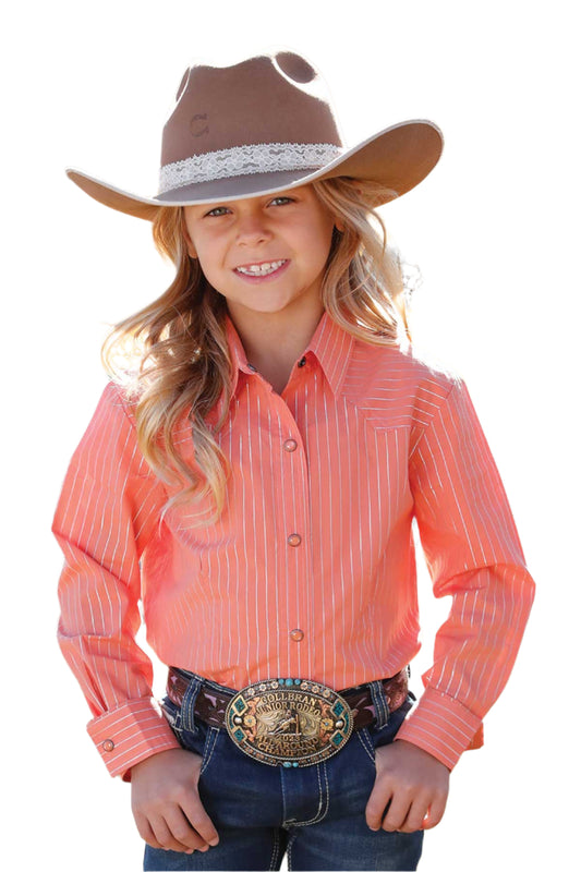 Cruel Girls Long Sleeve Western Shirt - Coral with Silver Metallic Stripes