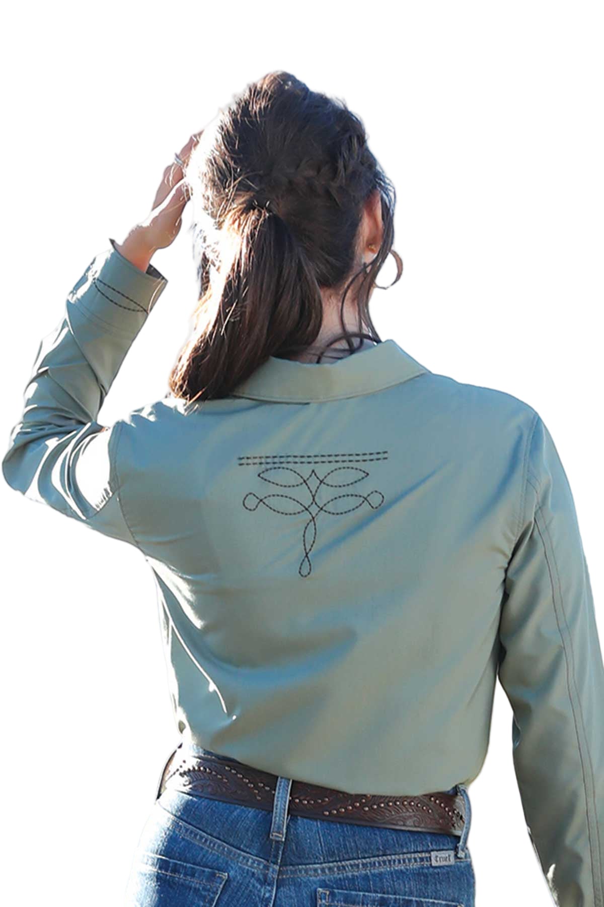 Cruel Denim Women's Solid Green Boot Stitch Embroidered Long Sleeve Pearl Snap Shirt