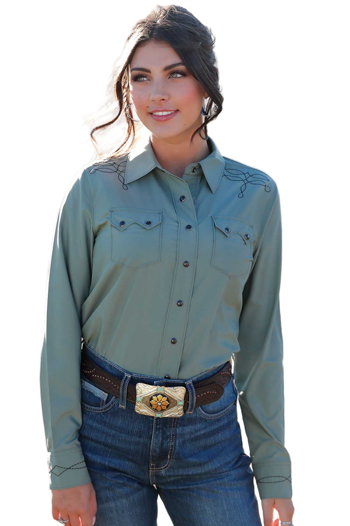 Cruel Denim Women's Solid Green Boot Stitch Embroidered Long Sleeve Pearl Snap Shirt