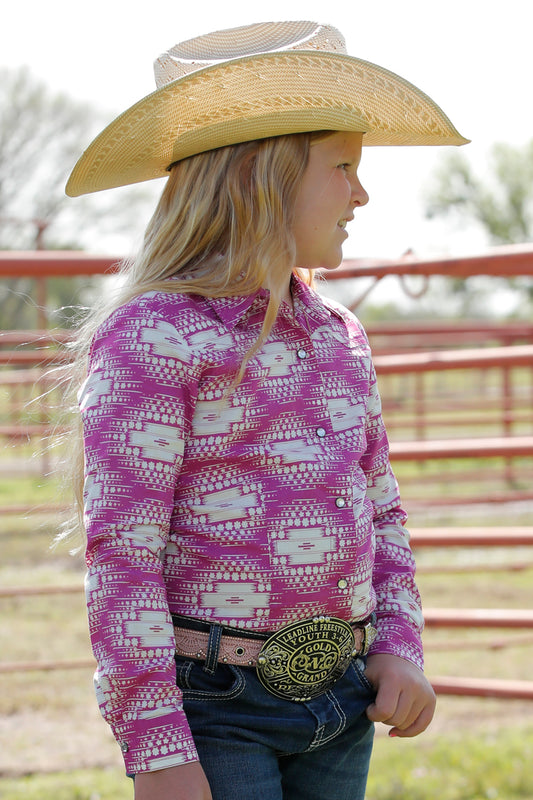Cinch Girl's Long Sleeve Shirt - Pink Geometric Print